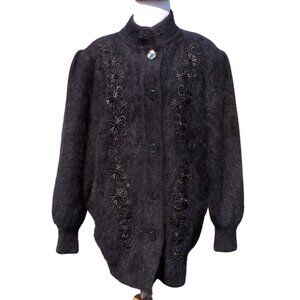 Lee Sands Black Cardigan XL (est) Angora blend Embroidered Old Money Mob Wife